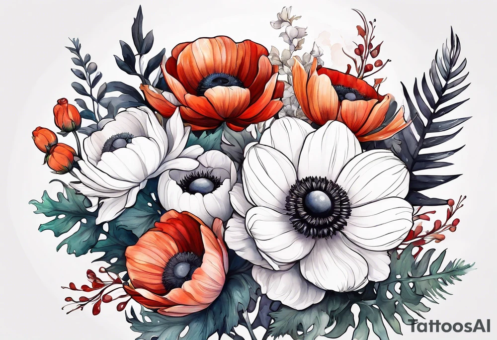 a white anemone with black center with thistles, ferns, ranuculus, sun flowers, red flowers, ping flowers, orange flowers, flowers all in watercolor tattoo idea