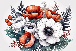a white anemone with black center with thistles, ferns, ranuculus, sun flowers, red flowers, ping flowers, orange flowers, flowers all in watercolor tattoo idea