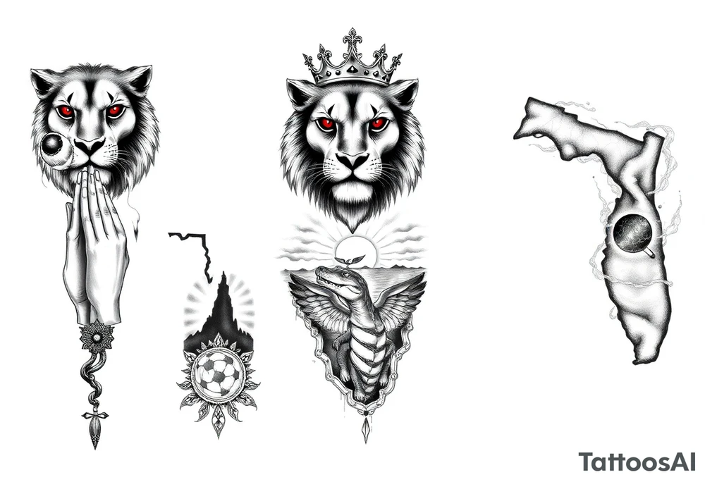 "Design a full arm sleeve tattoo for a man. The top of the arm should feature a realistic lion head with glowing red eyes and a crown, symbolizing strength and protection. On the inner bicep, include a tribute to grandparents with a pair of praying hands (one male, one female), a rosary, and angel wings behind them. On the outer forearm, include an outline of Florida, filled with a Central Florida sunrise, orange tree roots, and a hidden gator eye-something unique and detailed. On the inner forearm, design a stylized Aquarius theme with the Aquarius water bearer pouring cosmic water into a galaxy or stars. Blend all areas together with smoke, waves, and cracked textures for a cohesive, masculine flow. Include area code '863' subtly somewhere in the Florida section." tattoo idea