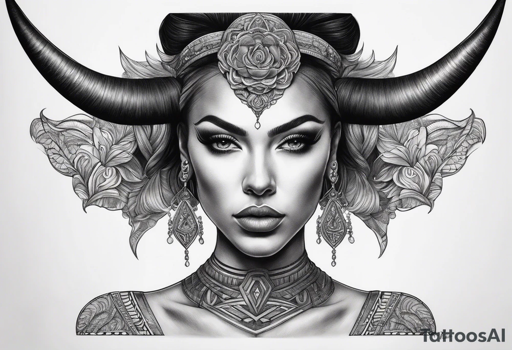 symmetrical woman head with curved horns facing downwards dark realism looking front facing view, ultra-detailed, high quality, high sharpness, hyper-realism, hyper-photorealistic, hyper-realistic tattoo idea