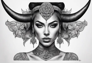 symmetrical woman head with curved horns facing downwards dark realism looking front facing view, ultra-detailed, high quality, high sharpness, hyper-realism, hyper-photorealistic, hyper-realistic tattoo idea