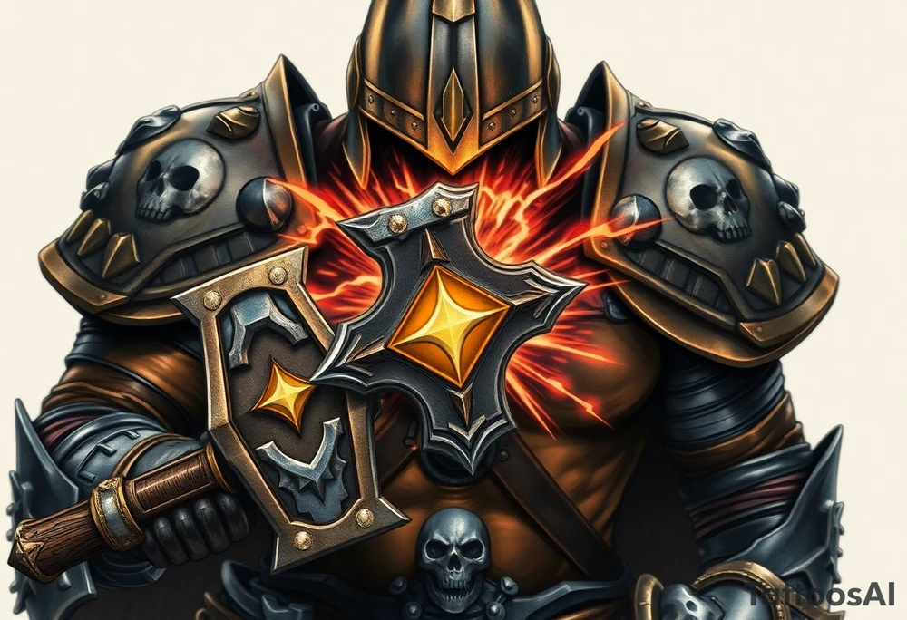 Warhammer, the Old World. A warrior priest of Sigmar holding The Warhammer of Sigmar. The Warhammer of Sigmar is radiating thunderous energy. The Warhammer is held by the warrior priest with both hands at the handle with a firm grip inorder to contain its unlimited energy, upon his chest level. The Warrior priest is wearing dark alloyed heavy armour (reference armor from warhammer vermintide 2 Victor Saltzpyres, the warrior priest of Sigmar class) with skull sigils on his shoulder pads. The warrior priest is wearing a helmet, while the helmets front visor has an humanoid face covering. The helmet and armour are gladened with hints of gold and crimson red. The Warhammer is silverish and golden with a long handle tattoo idea