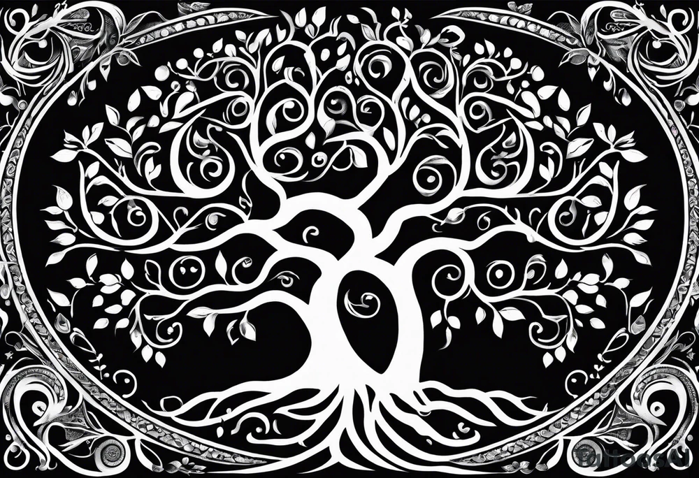 Black and white folk art whimsical tree of life drawing with roots winding all over tattoo idea