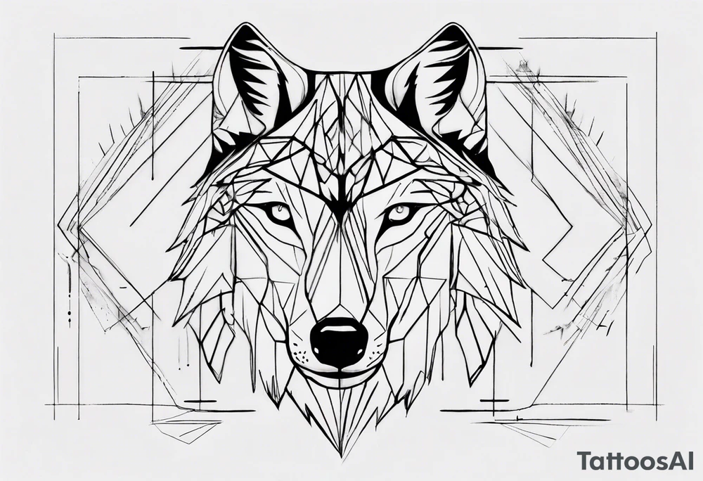 Wolf's face with geometric patterns flowing from it along with impressions of trees, a forest tattoo idea