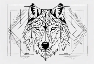Wolf's face with geometric patterns flowing from it along with impressions of trees, a forest tattoo idea