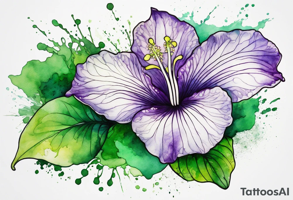 An outline of an only green rio dipladenia flower and a green and purple watercolor splash in the background tattoo idea