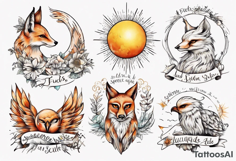 Fuchs und Eule unter der Sonne mit dem Schriftzug Sapere Aude tattoo idea