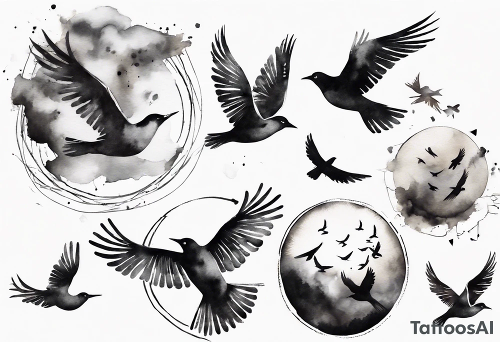 shoulder tattoo with light rays with birds flying free among the clouds, round shape, 3d effect tattoo idea shoulder tattoo with light rays with birds flying free among the clouds, round shape, 3d effect tattoo idea