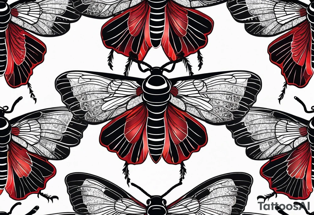 Black stippled cicada with red pattern or texture background tattoo idea