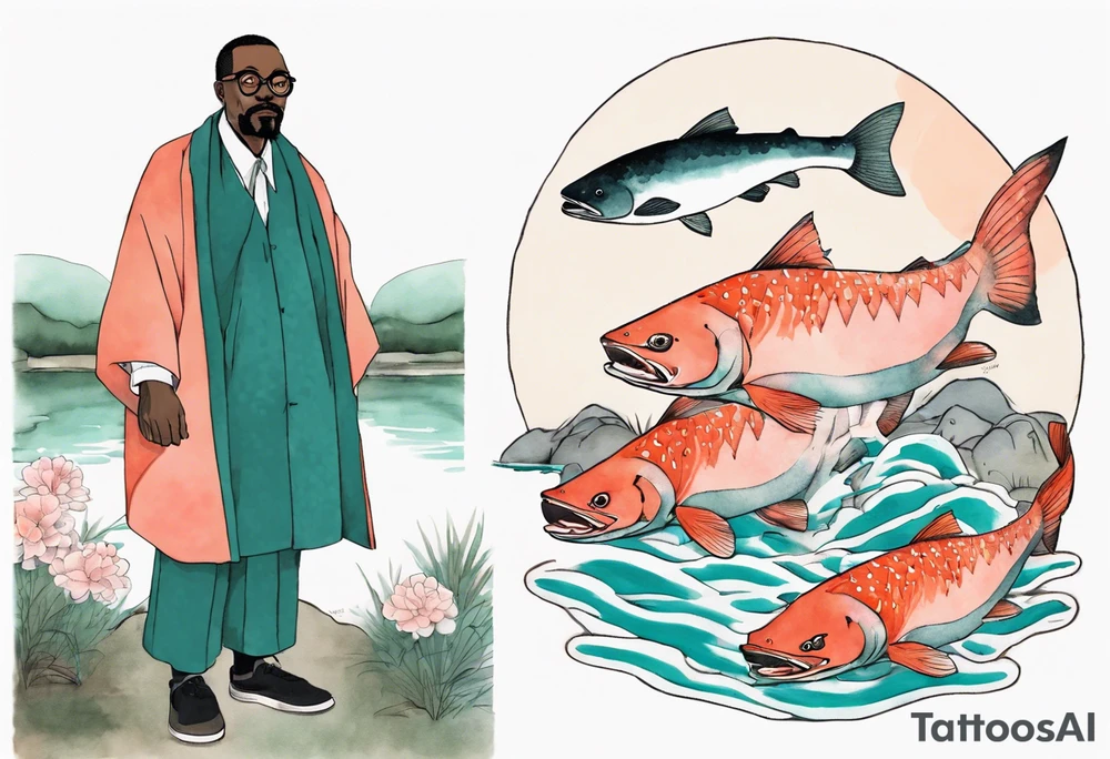 a 50-year-old black man wearing salmon and teal cloak and round glasses standing by a pond with a salmon in it tattoo idea