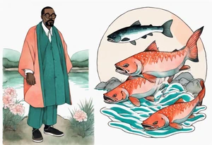 a 50-year-old black man wearing salmon and teal cloak and round glasses standing by a pond with a salmon in it tattoo idea