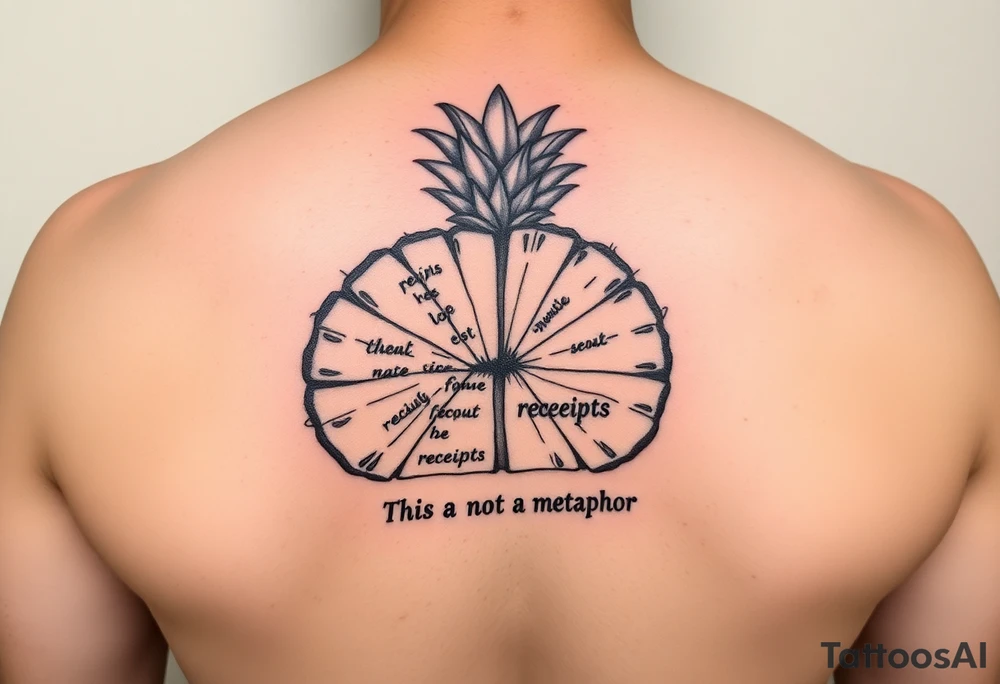 "Pineapple cross-section tattoo: slices are receipts with 'This is not a metaphor'. Black ink, surrealism." tattoo idea