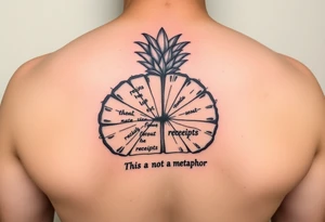 "Pineapple cross-section tattoo: slices are receipts with 'This is not a metaphor'. Black ink, surrealism." tattoo idea