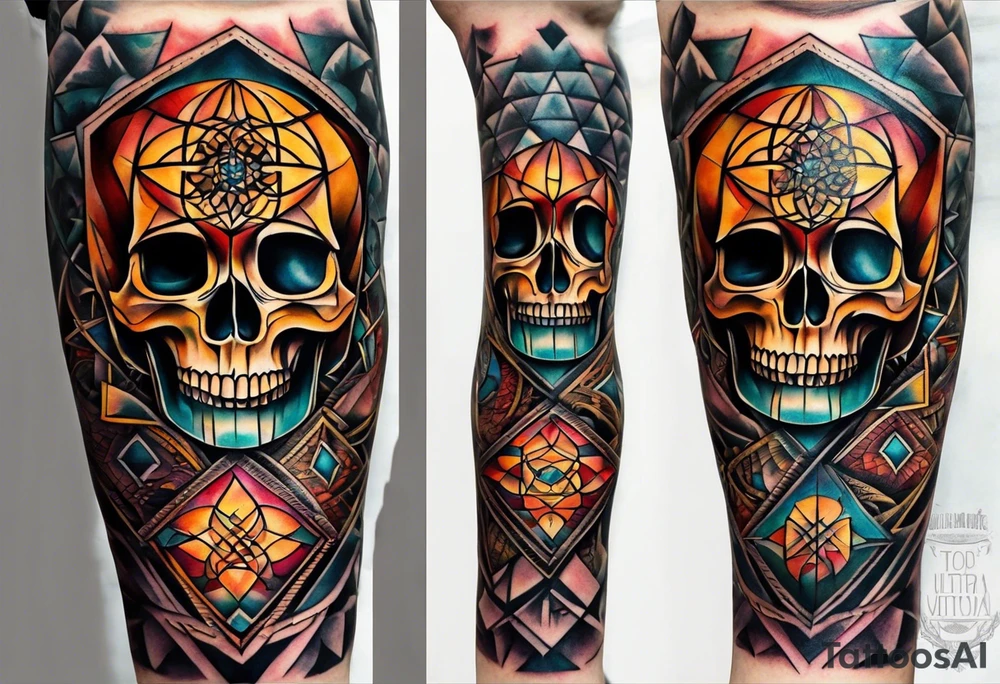 knee tattoo with sacred geometry, skull, swirls & washes in background in fall colors tattoo idea