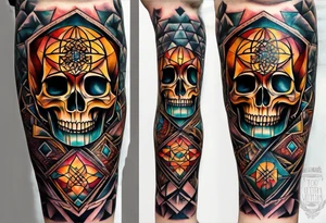 knee tattoo with sacred geometry, skull, swirls & washes in background in fall colors tattoo idea