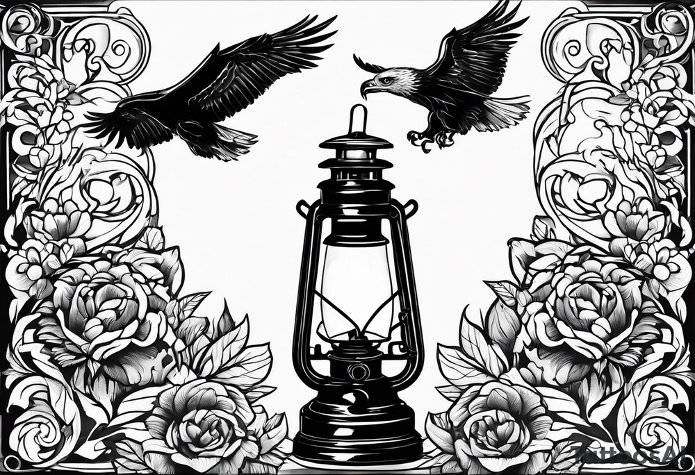 Oil lamp with an eagle next to it tattoo idea