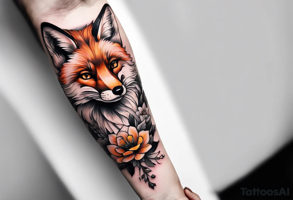 A forearm tattoo of a full body fox and a honey bee tattoo idea