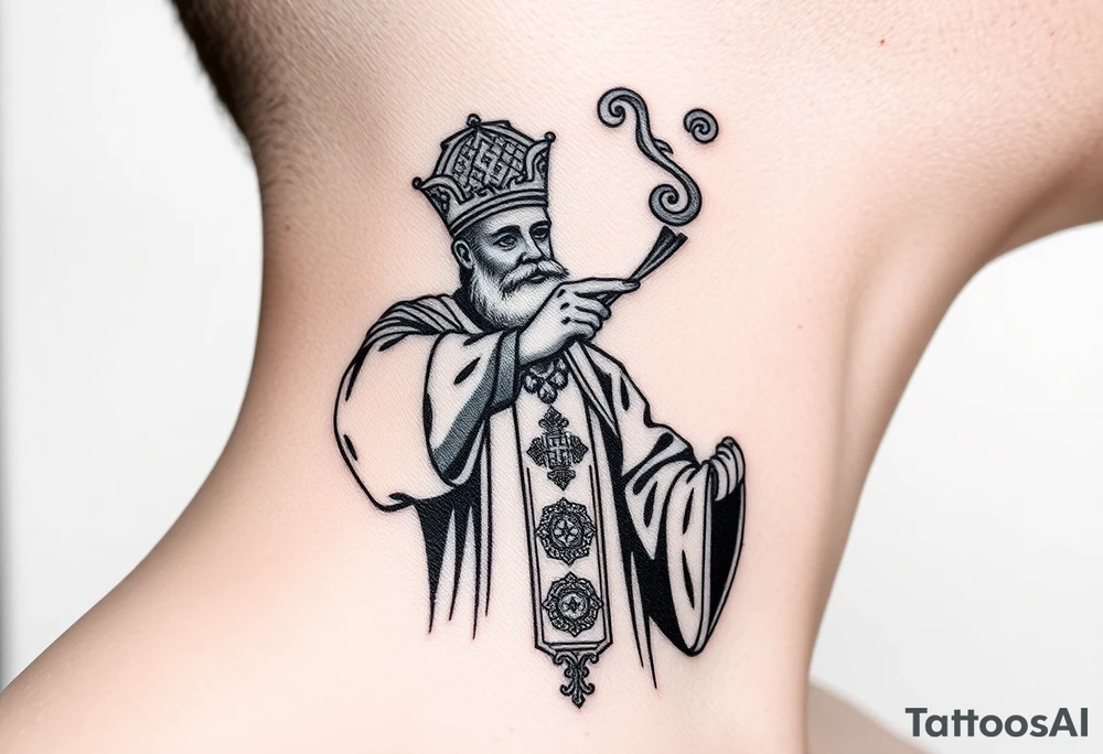 Russian Orthodox Priest in fully detailed vestment swinging a censer with smoke curling upward tattoo idea