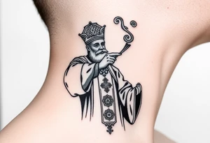 Russian Orthodox Priest in fully detailed vestment swinging a censer with smoke curling upward tattoo idea
