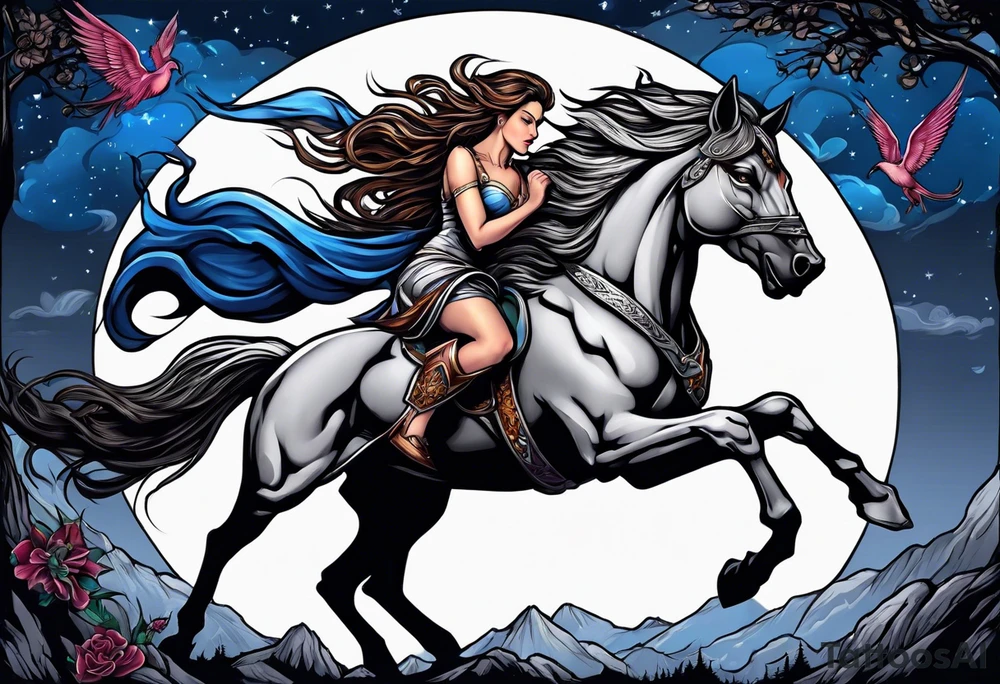 Feminine werewolf and Pegasus fighting in the night tattoo idea