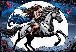 Feminine werewolf and Pegasus fighting in the night tattoo idea