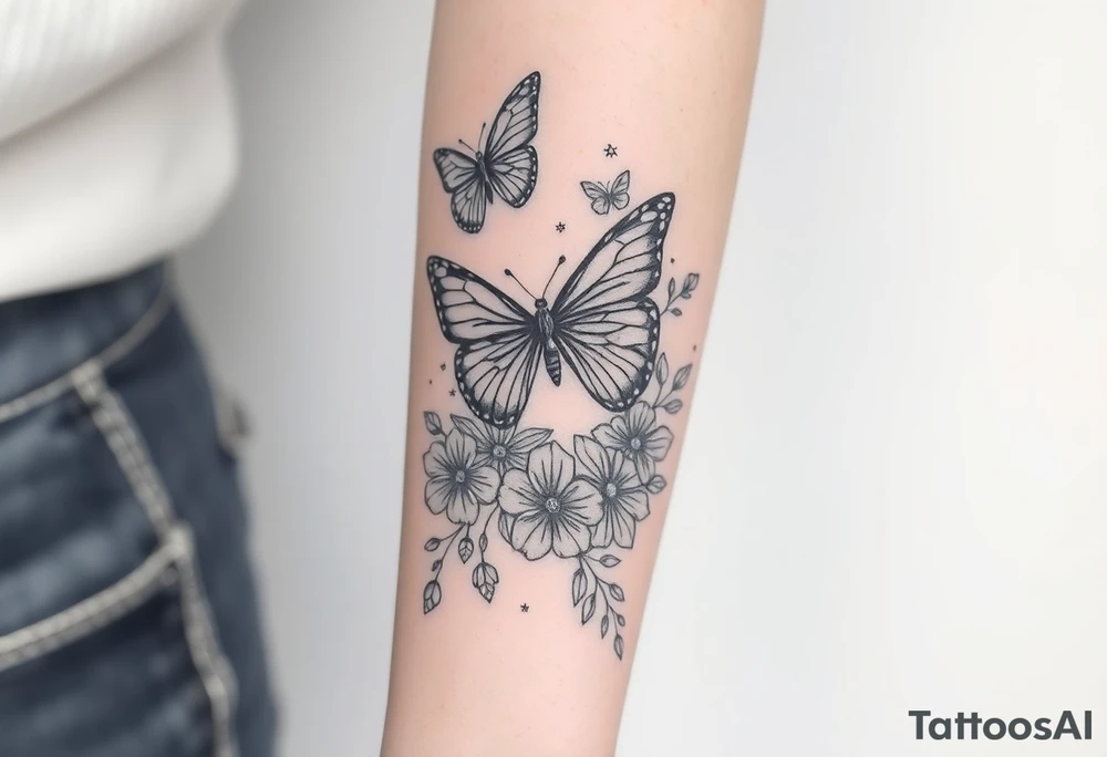 I have a full inside forearm done with butterfly’s, flowers, have a moon crust, dimonds, sprinkles so now I need to finish the other side it’s a long one from my wrist to the inside elbow tattoo idea
