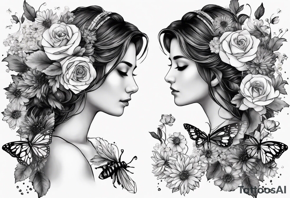 please make a Gemini constellation made of roses, Sagittarius constellation made from Chrysanthemum flowers, Virgo constellation made of Aster flowers, Taurus constellation made from Lily of the Valley flowers all tied together in an arm sleeve tattoo with 4 realistic lady bugs scattered throughout, one realistic butterfly, one realistic cassette tape with the following written on it for song list: #1 "you are my sunshine-3:15"
#2 "3 little birds-12:14"
#3 "twinkle twinkle little star-6:25"
#4 "ABC's-12:00"
Also include a polaroid picture of a realistic view of "the tree of life" symbol with the following coordinates written on the bottom:
61.2547° N, 149.6932° W
61.2547° N, 149.6932° W
43.6355° N, 84.2608° W
42.278046°N, -83.738220W

Also include a realistic skull tied in to the flowers and back ground tattoo idea