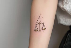 A delicate Libra constellation in shimmering gold ink wraps around a pair of balanced silver scales. tattoo idea