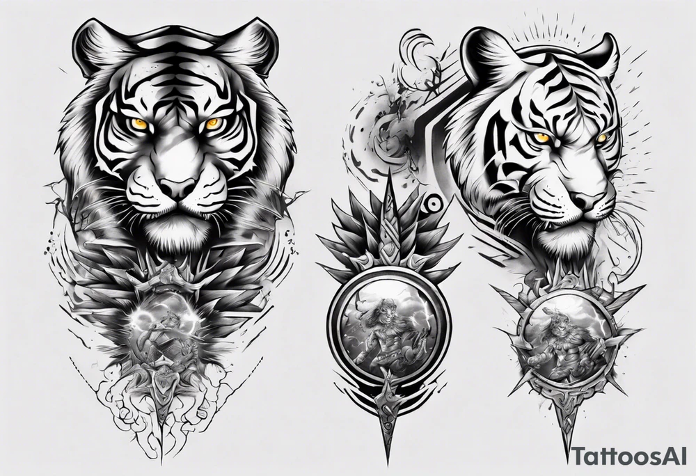 Tiger Warrior sleeve tattoo with lightning and the sun
Forearm sleeve tattoo idea