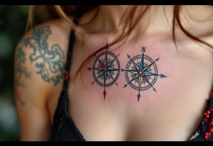 Matching antique-style compasses with red pointers on the chest guide you back to each other. tattoo idea