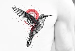 A hummingbird with one wing made of light (sun disc) and the other made of shadow (crescent moon) (red and black only) tattoo idea