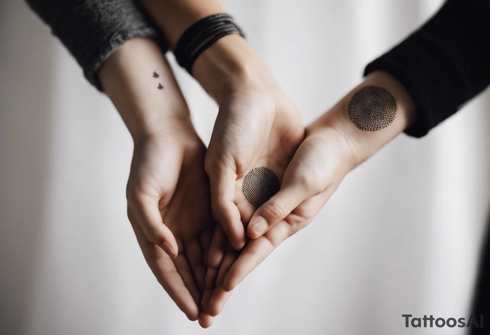 "A minimalist tattoo design symbolizing deep friendship, centered around the name 'Düha.' The design features two intertwined hands, representing trust and support, with a delicate infinity symbol subtly woven into the lines of the hands, indicating eternal friendship. Surrounding the hands, soft abstract elements like flowing lines or watercolor splashes gently frame the name 'Düha' written in elegant script, giving the design a personal and timeless touch. The overall style should evoke warmth, connection, and loyalty." tattoo idea