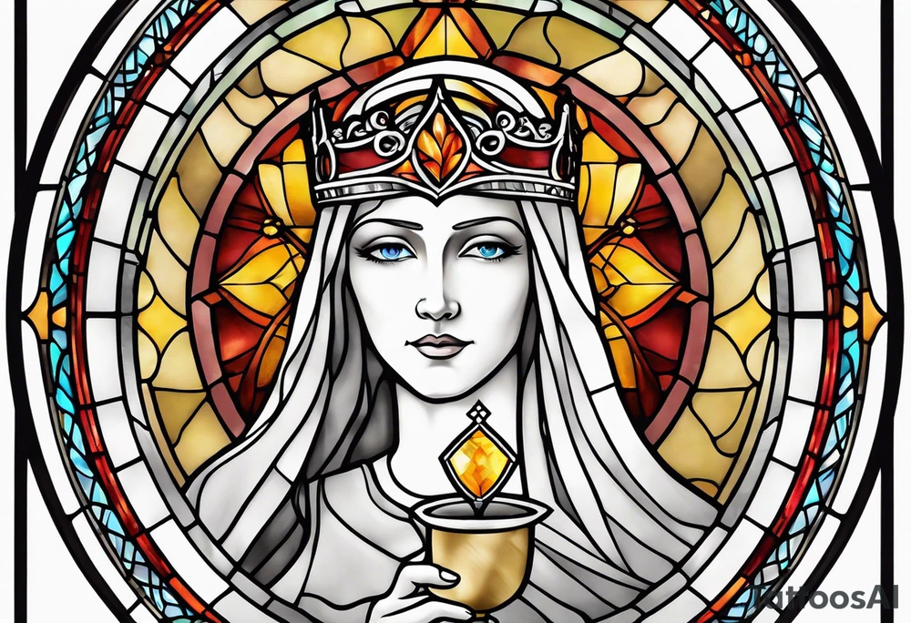 holy saint woman with halo stained glass holding a chalice tattoo idea