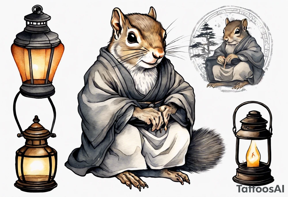 an elderly grey squirrel dressed in a monk robe wearing an eye patch sitting at a desk in the dark writing by a lantern tattoo idea