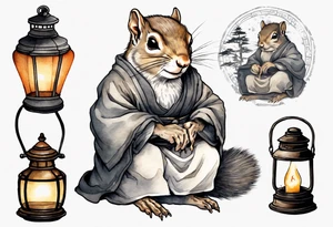 an elderly grey squirrel dressed in a monk robe wearing an eye patch sitting at a desk in the dark writing by a lantern tattoo idea