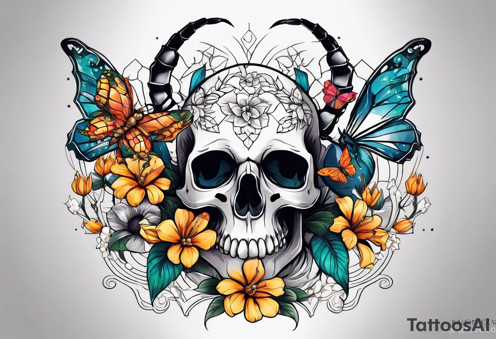 Large scorpion with a skull, flowers, and butterflies tattoo idea