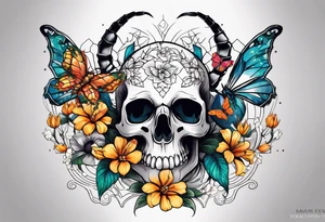 Large scorpion with a skull, flowers, and butterflies tattoo idea