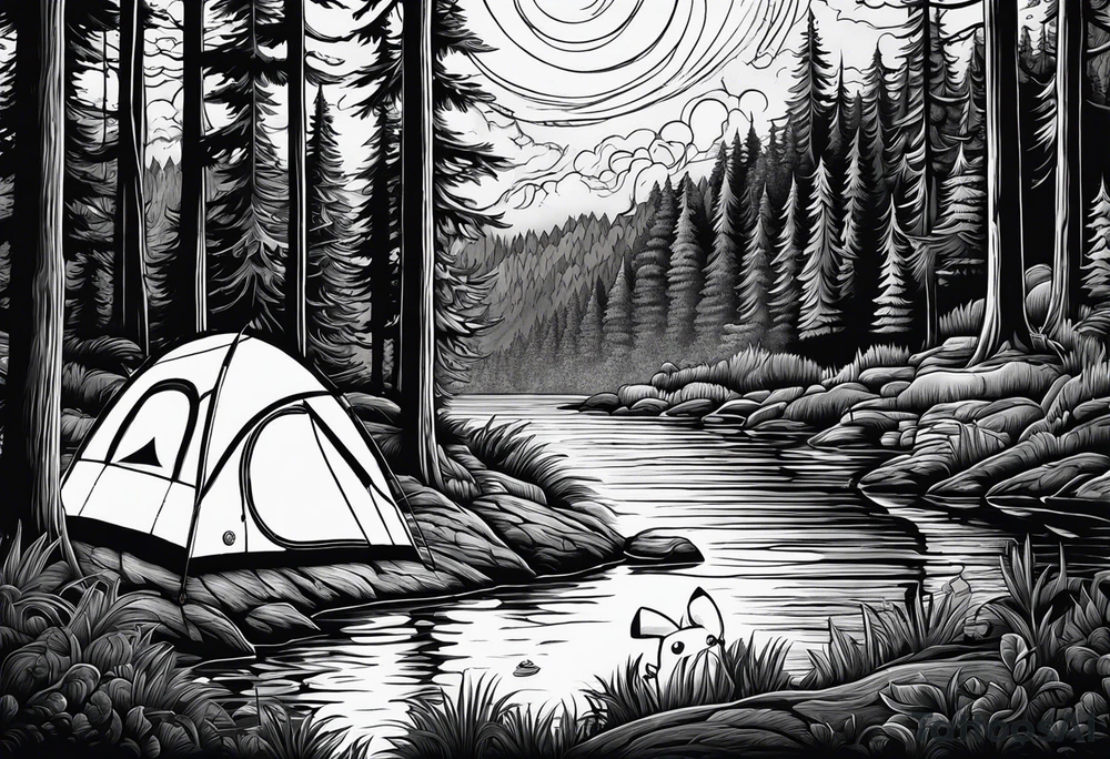 Framed forest scene at night. Pikachu camping near river tattoo idea