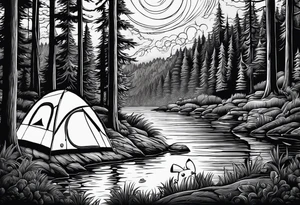 Framed forest scene at night. Pikachu camping near river tattoo idea
