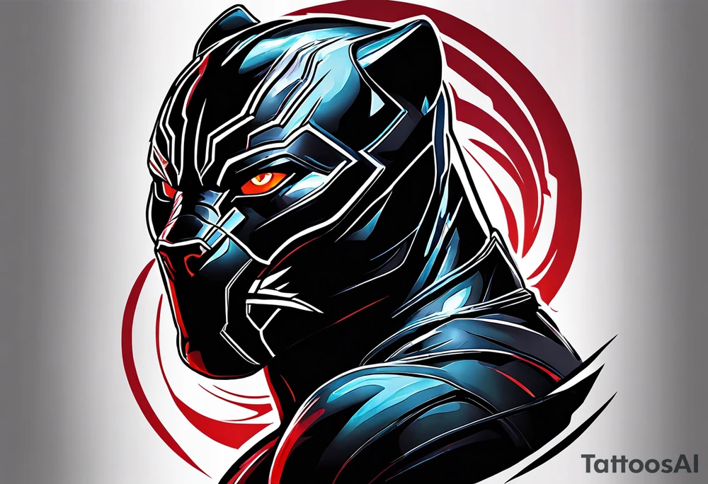 unique black panther tattoo, dynamic pose, showcasing its strength and grace, striking red eyes, intense and captivating elements, artistic flair, blending realism with abstract elements tattoo idea