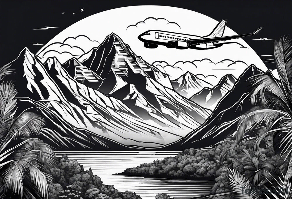 mountains palm trees airplanes tattoo idea