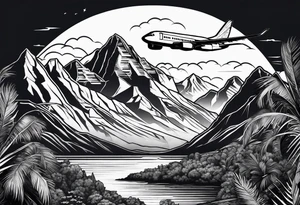 mountains palm trees airplanes tattoo idea