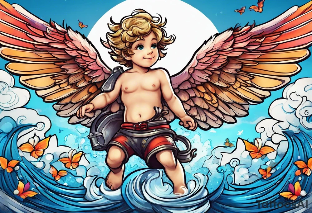 cupido  fly boy with wings, background sea tattoo idea