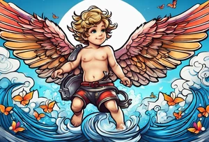 cupido  fly boy with wings, background sea tattoo idea