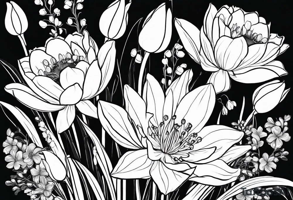 A minimalist line work bouquet of flowers with a water lily, gladiolus, poppy, lily of the valley, daffodil, and a honey suckle. With long stems and tied with a bow tattoo idea