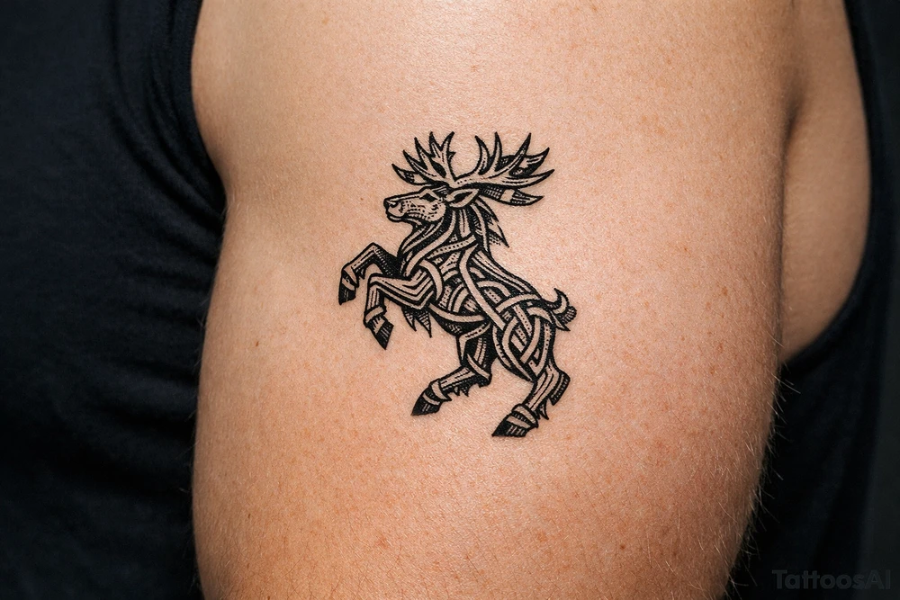 Caribou in Norse knot work open line concept mammen style stipple shading rearing up tattoo idea
