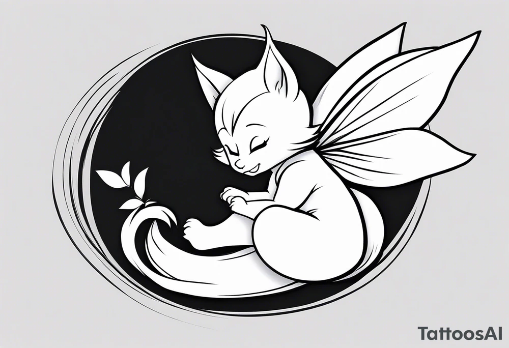 A fairy with a tail inspired by the logo of the show called Fairy Tail in a fetal position leaning in tattoo idea