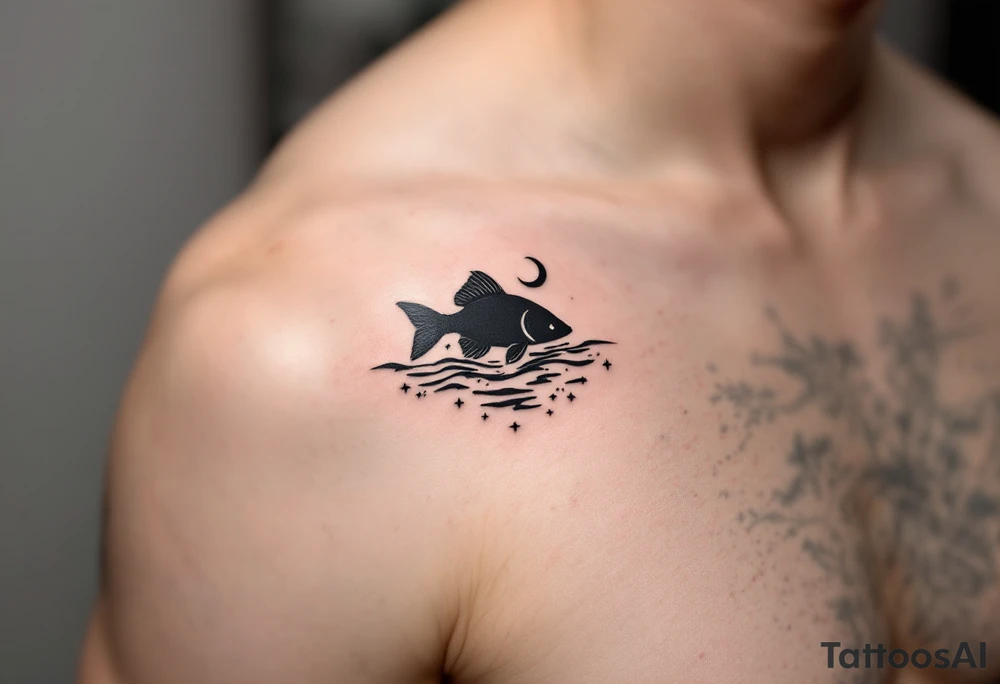 Night Catfish Silhouette – A quiet and mysterious tattoo featuring a black silhouette of a catfish under a crescent moon, with stars reflected in a rippling water surface. tattoo idea
