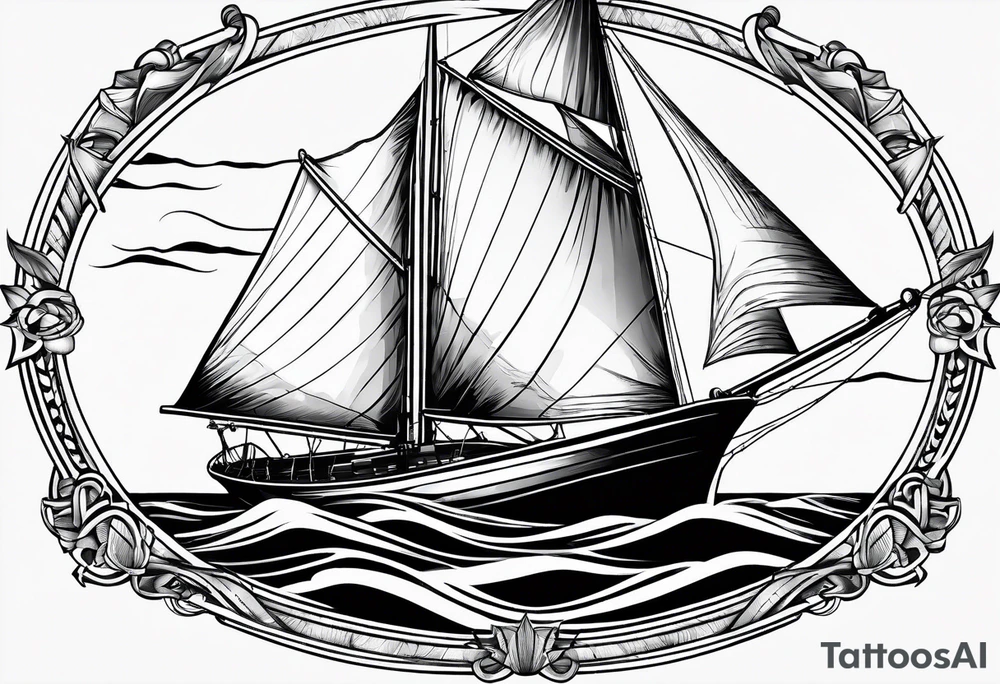 bow of a sailboat. 1 mast and 2 sails to windward. one of the 2 sails is half sail, half marine lighthouse. tattoo idea