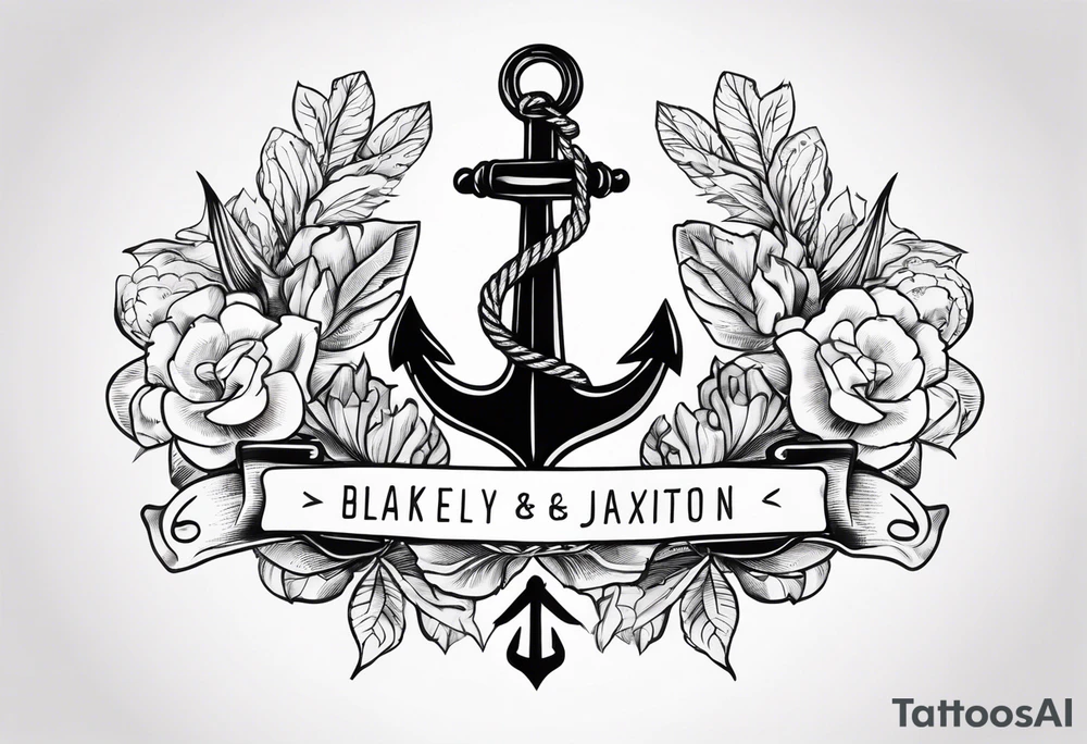 Anchor with ribbon around it with the names Blakely and Jaxton tattoo idea